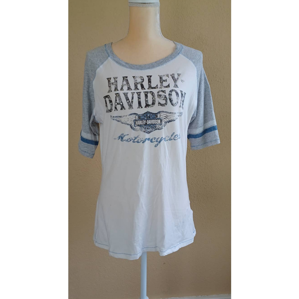 Harley Davidson Motorcycles Raglan Spellout Bar and Shield Top XL